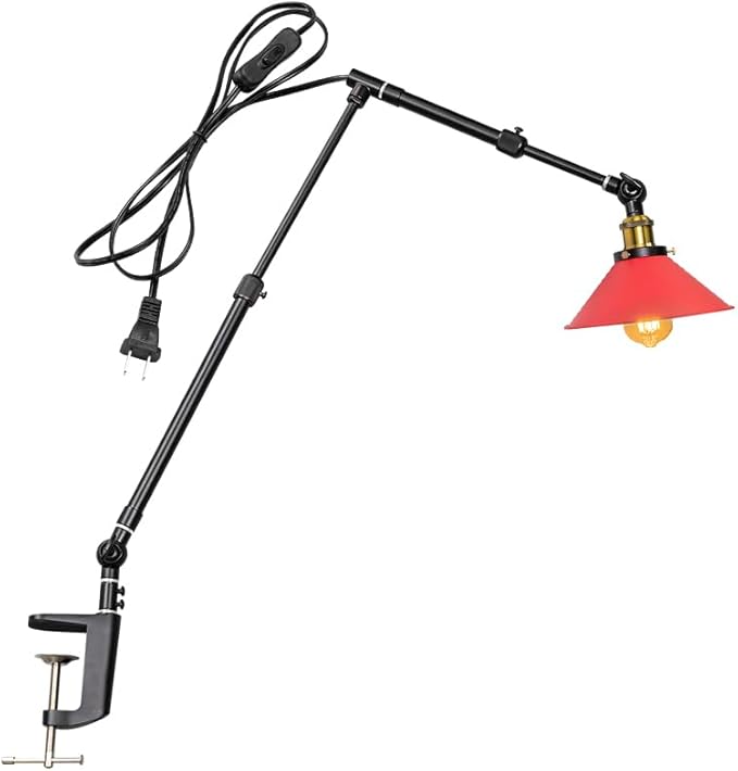 Clip Mount Plant Growing Stand Socket Light E26 Base 15Ft Timer Switch Cord Adjustable Length Red Shade for Indoor Desk Or Shelf Plants(No Bulb)