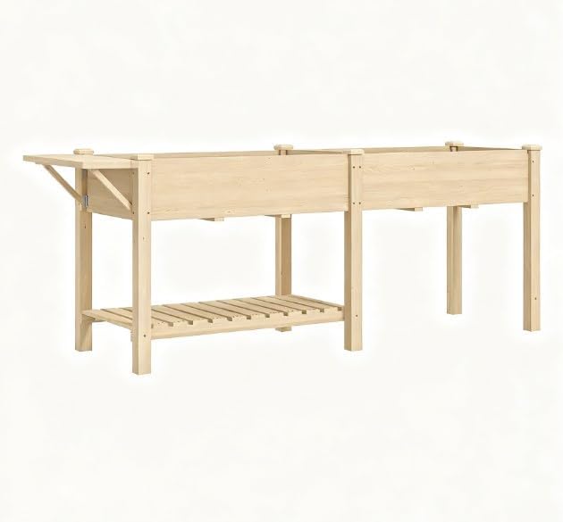 Elevated Garden BedWood Raised GBoxwith Side TableBottom ShelfBed Liners and Drainage Holes