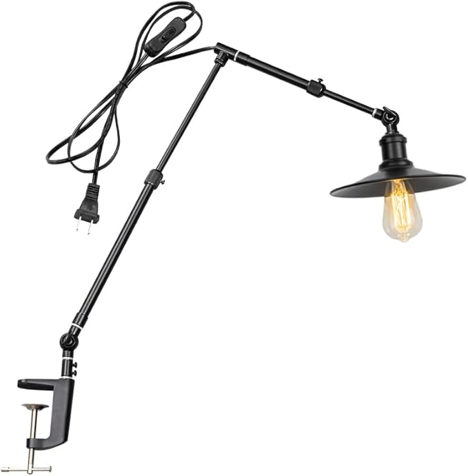 15Ft Timer Switch Cord Clip Mount Plant Growing Stand Socket Light Adjustable Length Black Shade Retro Design for Shelf Or Table Indoor Plants (No Bulb)