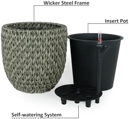 Generic 2 Pack Self Watering Wicker Planter Garden Decoration Pot Round Gray