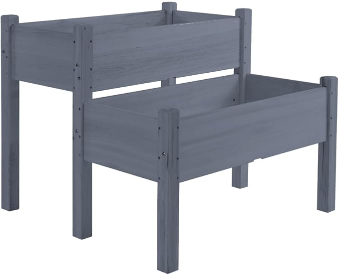 Two-Tier Raised Garden Bed with Trough Design for Vegetables Herbs and Flowers Elevated Wood Planter Box for Backyard Patio Use