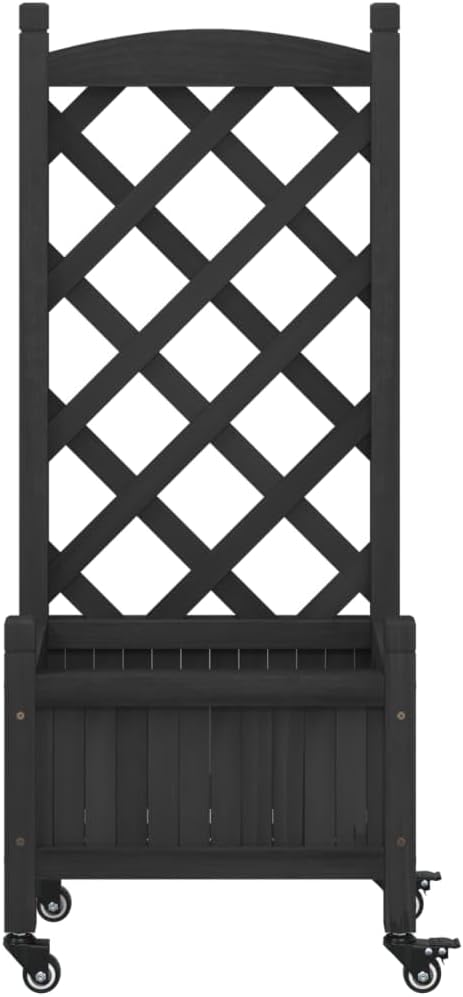 Black Wooden Raised Garden Bed with Trellis and Wheels 11.8 x 15.7 x 38.4 in Outdoor Elevated Planter Box Solid Douglas Fir Wood for Patio Balcony Garden and Indoor Spaces