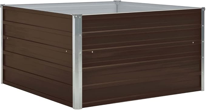 YAFF Raised Garden Bed Outdoor Square Metal Raised Bed Interior Support Brackets &amp Foldable Safety Edge Galvanized Steel Planter Box 39.4x39.4x17.7-Brown