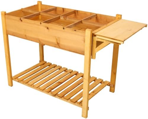 8 Pockets Horticulture Raised Garden Bed Elevated Wood Planter Box Stand with Foldable Side Table and Storage Shelf for Herb/Vegetables/Flowers (Brown)