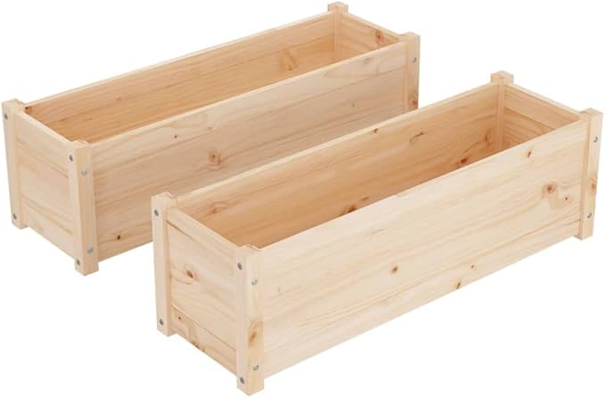 Garden Planter Set of 2 Natural Solid Pinewood Large Durable Rectangular Raised Garden Bed Planters for Outdoor Plants Untreated Finish 39.4x39.4x12.2 in