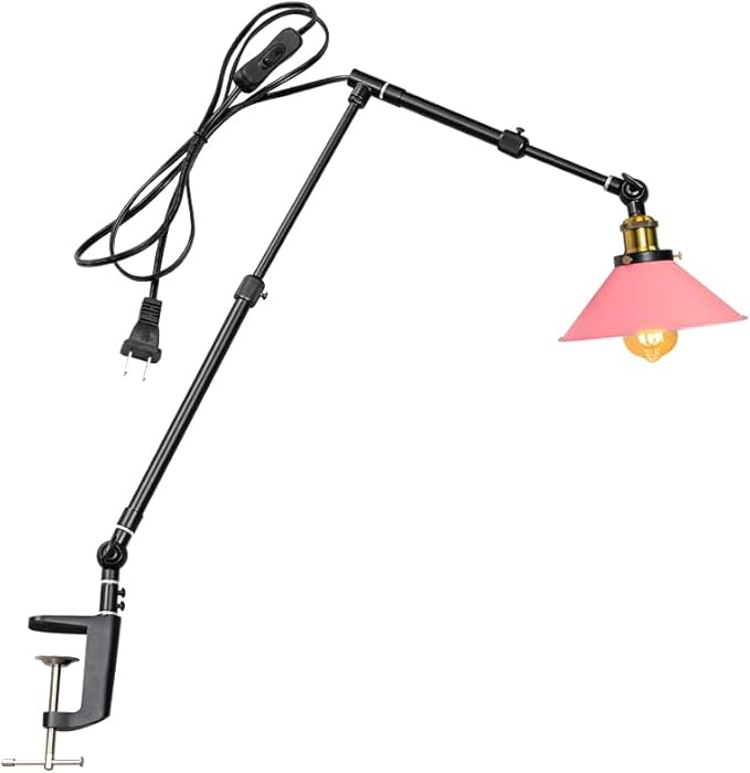 Clip Mount Plant Growing Stand Socket Light E26 Base 15Ft Timer Switch Cord Adjustable Length Pink Shade for Indoor Desk Or Shelf Plants(No Bulb)