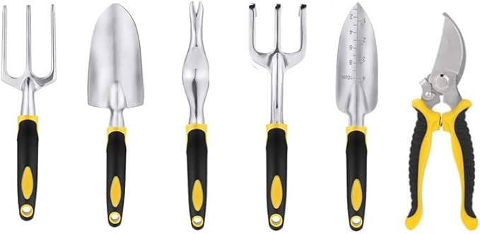 6Pcs Garden Tool Set Aluminum Alloy Gardening Tools Sand Digging Set Non Slip Ergonomic Handle Depth Marking Hand Rake Weed Puller Garden Fork &amp Pruning Shear Garden Hand Tools (Yellow)