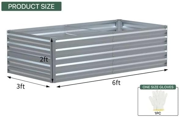 6x3x2ft Outdoor Metal Raised Garden Bed Planter Box for Vegetables Flowers Herbs w/ 3 Tomato Cages Siliver