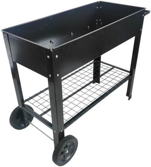 Mobile Elevated Metal Garden Bed Cart with Wheels Tall Raised Planter Box with Legs and Shelf for Vegetables Herbs Flowers Indoor Outdoor Patio Backyard Gardening with Drainage Hole System