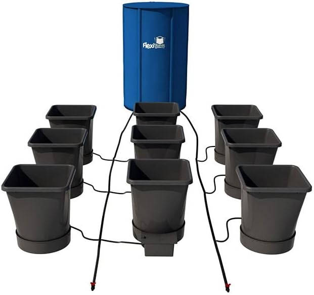 AutoPot 9 Pot XL System with 6.6 Gallon Plastic Pots and 25 Gallon FlexiTank - Self-Watering Gravity-Fed Hydroponic System (9PotXL - 6.6 Gallon - 25 Gallon FlexiTank) Indoor Black