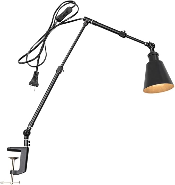 15Ft Timer Switch Cord Clip Mount Plant Growing Stand Socket Light Adjustable Length Black Shade Vintage Design for Indoor Shelf Or Table Plants (No Bulb)