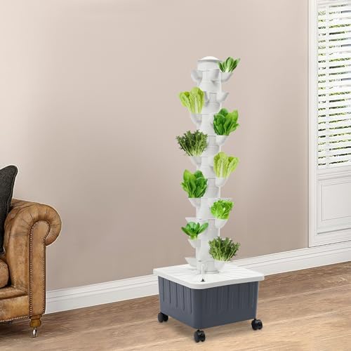 56-Plant Hydroponic Growing System - Indoor &amp Outdoor Garden Planter Kit with Pump &amp Wheels Smart Hydroponic Tower for Vegetables &amp Herbs Space-Saving Vertical Garden White Base