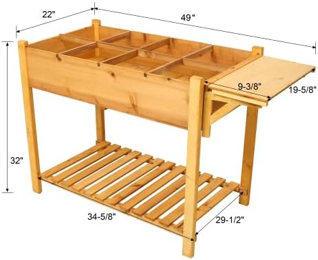 8 Pockets Horticulture Raised Garden Bed Elevated Wood Planter Box Stand with Foldable Side Table and Storage Shelf for Herb/Vegetables/Flowers (Brown)
