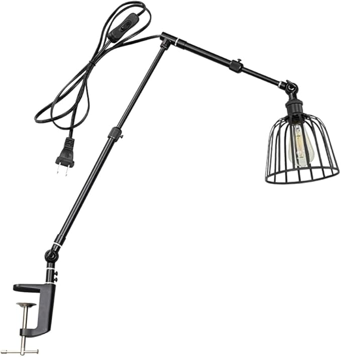 15Ft Timer Switch Cord Clip Mount Plant Growing Stand Socket Light Adjustable Length Black Cage Shade Retro Design for Shelf Or Table Indoor Plants (No Bulb)