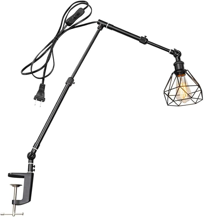 15Ft Timer Switch Cord Clip Mount Plant Growing Stand Socket Light Adjustable Length Black Metal Cage Shade Vintage Design for Indoor Shelf Or Table Plants (No Bulb)