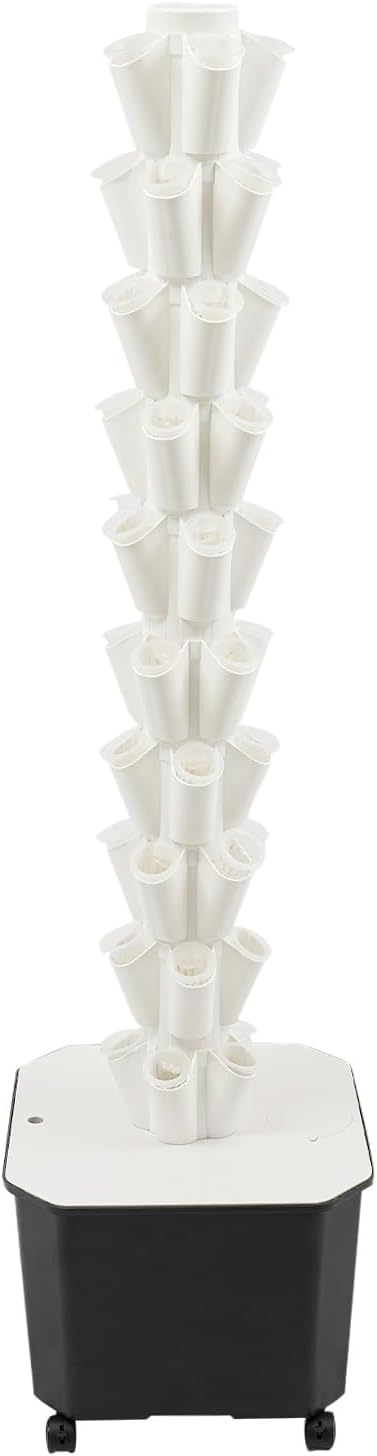 10-Tier 50-Plant Hydroponic Growing Kit Hydroponic Growing Tower Set with Wheels for Outdoor Indoor Vertical Vegetable Plant Tower Self-Watering Garden Planter Tower (White)