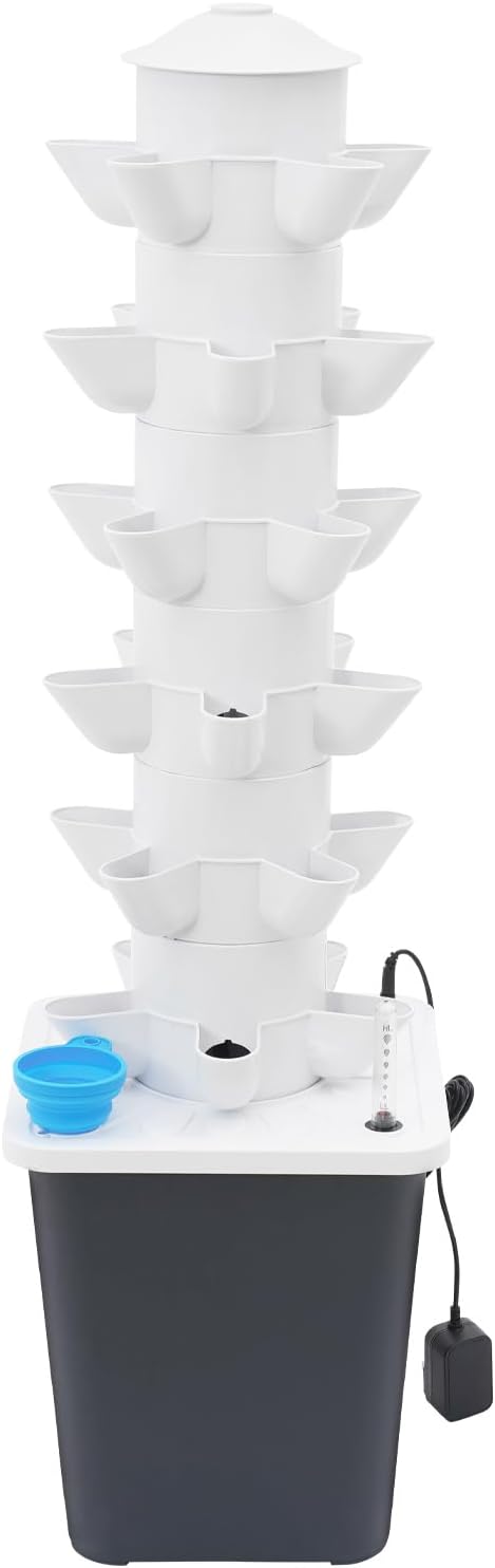 Garden Hydroponics Vertical Growing System Kit 30 Hole Hydroponic Grow Tower with Water Level Gauge and 2.64-Gallon Water Tank Indoor Garden Tower for Lettuce (White30Hole)