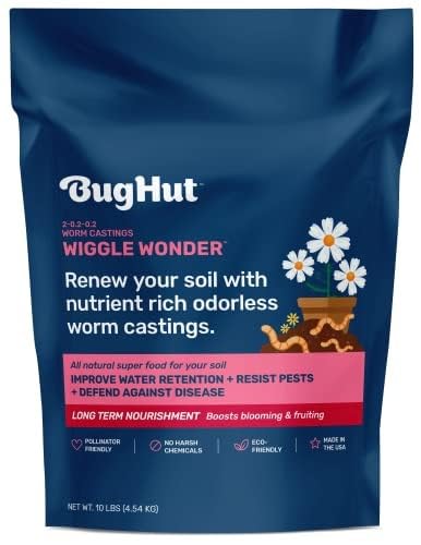 BugHut Wiggle Wonder Organic Worm Castings for Plants - Nourishing Plant Food Enhances Soil Structure Retains Moisture Ideal for Indoor and Outdoor Plants Vegetables Herbs Flowers - 10 lb Bag