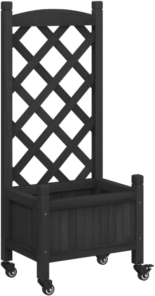 Raised Garden Bed with Trellis and Wheels Black 15.7x11.8x38.4 Solid Fir Wood Elevated Planter Box for Flower Beds Vegetable Garden Bed Patio Planter for Climbing Plants