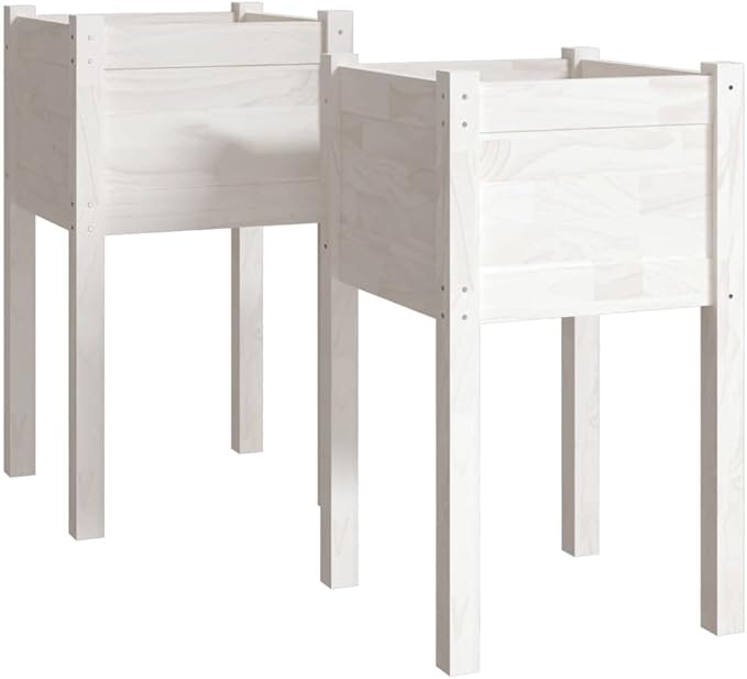 White Solid Wood Planter Set (2) - 15.7x15.7x27.6 Outdoor Flower Box Large Plant Gardening Vegetable Beds Pine Planters
