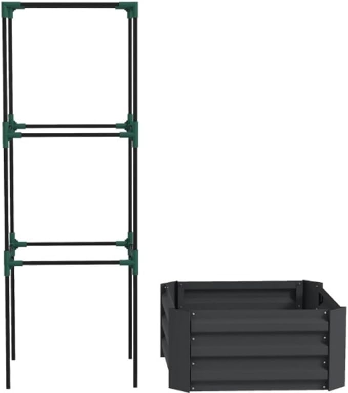 Heavy-Duty Galvanized Steel Raised Garden Bed with Built-in Trellis Support for Climbing Plants and Vegetables (Dark Gray + Steel)