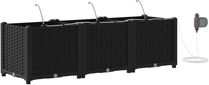 3 Pack Black Steel Garden Planter Box Set 47x16 with Irrigation Modern Outdoor Raised Bed for Vegetables Herbs Robust Patio Flower Box Kit for Balcony Terrace Backyard