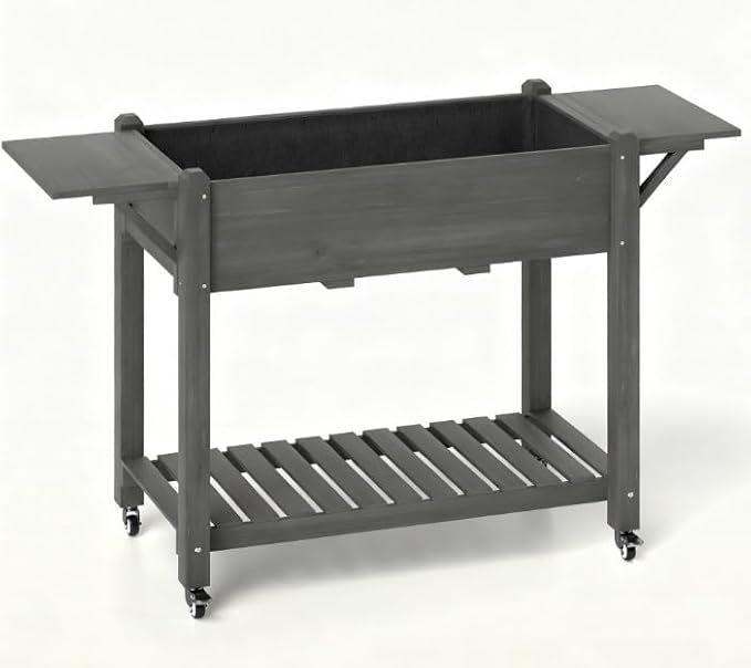 Elevated Garden BedWood Raised Planter Boxwith Lockable WheelsSide TablesBottom ShelfDrain Holes