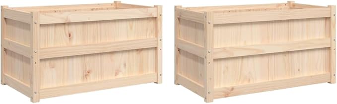 Garden Planter Set of 2 Natural Wood Color Solid Pine Rectangular Raised Garden Bed Outdoor Planters for Flowers Herbs Vegetables