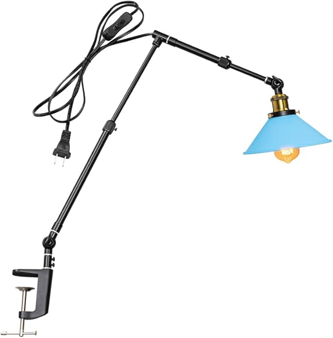 Clip Mount Plant Growing Stand Socket Light E26 Base 15Ft Timer Switch Cord Adjustable Length Blue Shade for Indoor Desk Or Shelf Plants(No Bulb)