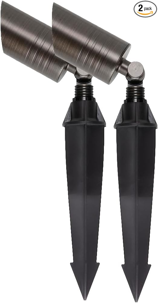 W58371 Proline RAL-8100 2-Pack Low Voltage LED Landscape Spotlight – Solid Brass Bronze Finish 12V Outdoor Lighting for Path Accent &amp Garden – Heavy-Duty Adjustable Fixture with Stake