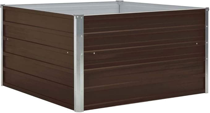 vidaXL Raised Garden Bed - Spacious Planting Solution - Galvanized Steel Material in Brown Color - Square Design - Sturdy with Edge Fold Safety - Easy Assembly - Size: 39.4x39.4x17.7