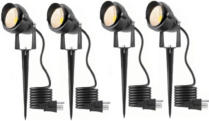 Warm White Yard Spot Lights Outdoor Spotlights 3000K 120V 10W IP65 Waterproof Metal Case Landscape Lighting Outside Uplights with Spiked Stand for House Pathway Tree Flag Front Porch 4 Lights