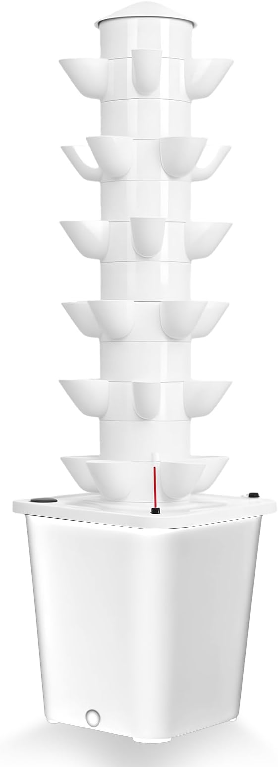 6 Layers 30 Plants Hydroponic Growing Tower with 10L Tank Indoor and Outdoor Hydroponics Growing System for Gardening Lover Soilless Cultivation Herbs Fruits Vegetables White US Plug