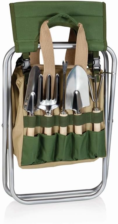 PICNIC TIME Disney Mickey Mouse Gardener Folding Seat with Tools Folding Garden Stool with Detachable Tote and Hand Tool Set Organizer Portable Gardening Chair (Olive Green with Beige Accents)