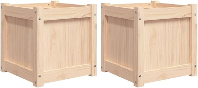 Garden Planter Set of 2 Natural Solid Pine Wood 15.7x15.7x15.7 inch Square Raised Garden Beds for Outdoor Plants Rustic Finish