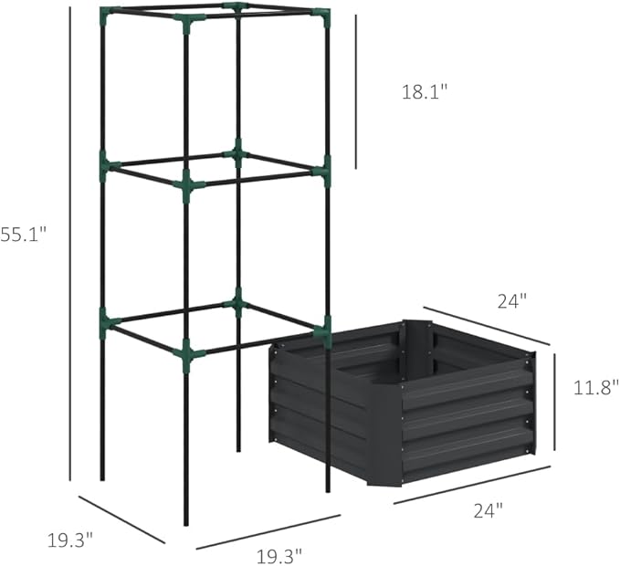 Heavy-Duty Galvanized Steel Raised Garden Bed with Built-in Trellis Support for Climbing Plants and Vegetables (Dark Gray + Steel)