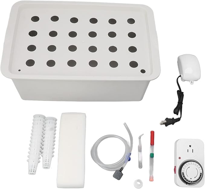 24 Holes Gray Hydroponic System Growing Box with Timer Oxygen Pump Hydroponic System Planter Box for Flowers Vegetables Plants (US Plug 110V)