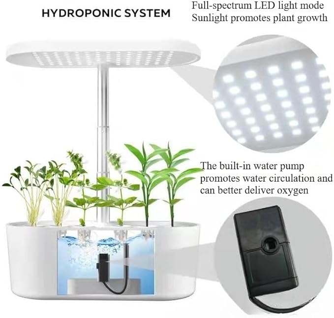 10-Hole Smart Plant Grow Light - Full Spectrum LED Lighting | 3.6L Auto Water/Oxygen Circulation | One-Touch Control | Indoor Vegetable/Fruit Growing Kit | Gardening Essential (White)