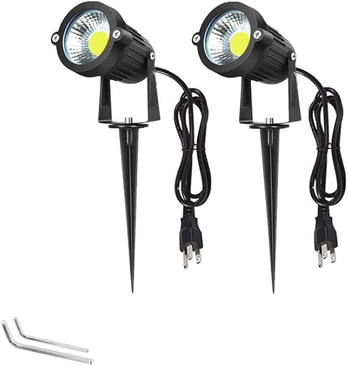 Pack of 2 Youngine Outdoor COB 5W LED Landscape Lights IP65 Waterproof COB Spotlights with Spiked Stand and US Plug for Outdoor Flag Yard Lawn Tree(Cool White)