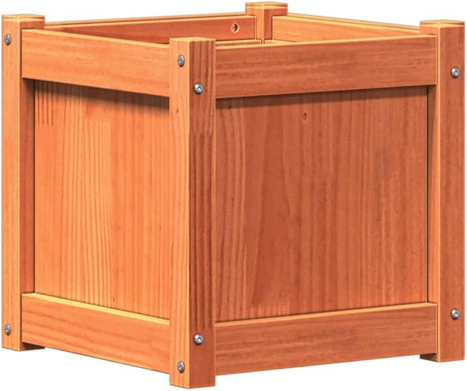 Garden Planter Set of 2 Wax Brown Solid Pine Wood 15.7x15.7x15.7 in. Square Outdoor Raised Beds for Gardening Durable Planters for Outdoor Plants