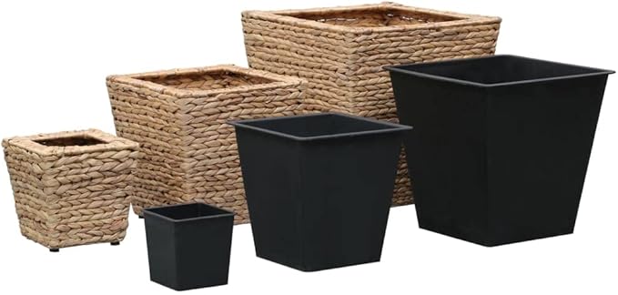 Raised Garden Bed Planter Boxes Natural Water Hyacinth &amp Steel Set of 3 Square Indoor Planters with Removable Pots Rustic Beige for Living Room Decor