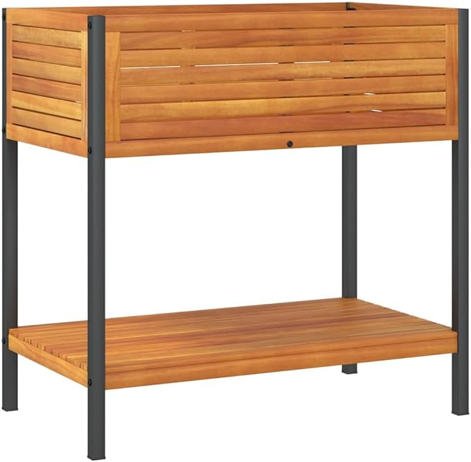 Wooden Garden Planter Box with Storage Shelf and Slatted Design Wood Flower Boxes Wooden Raised Garden Bed 31.5x17.7x31.5 Solid Wood Acacia and Steel-354