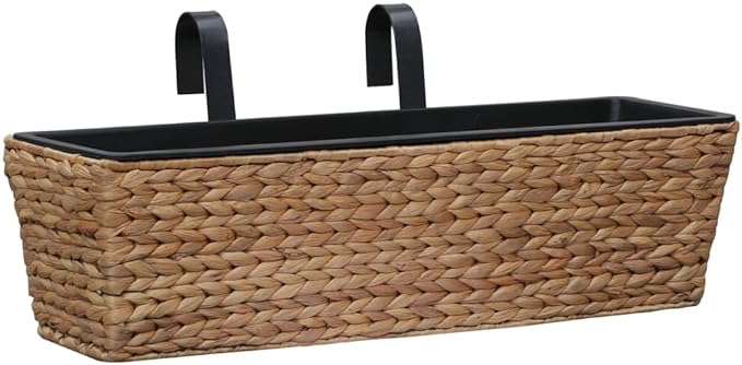 Rectangular Water Hyacinth Planter Set of 2 Brown &amp Black Woven Design Steel Frame Indoor Plant Pots with Removable Liners 23.6x23.6x7.1 inch for Living Room Decor
