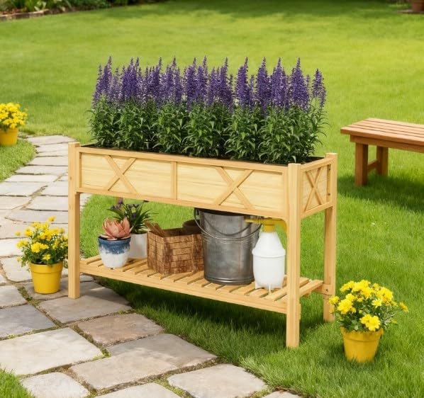 Dual Tier Elevated Wood Planter BoxRaised Garden Bedwith Storage ShelfDrainage Holesand Liner