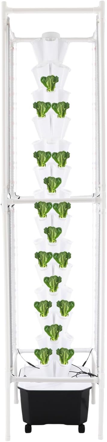Hydroponic Grow Tower 70 Plant Sites 14-Tier Vertical Gardening System with LED Grow Lights 25L Water Tank with Timer &amp Pump Rolling Indoor Garden with Wheels for Home Kitchen Balcony (White+Bl