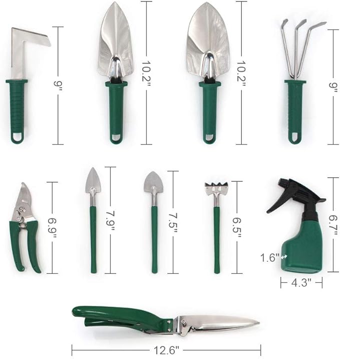 SONGWAY 11 Pieces Garden Tool Set - Garden Tool Kit with Storage Case Aluminum Gardening Set Gardening Gift for Women Men Green