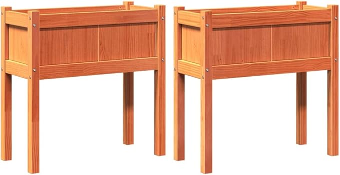 Garden Planter Set of 2 Wax Brown Solid Pine Wood 27.6x27.6x27.6 in Outdoor Rectangular Raised Garden Bed for Balcony Patio