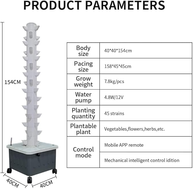 Hydroponic Tower Growing sytem 15 Layer 45 Holes Indoor hydroponic Grow with Led Grow Llight Vertical Grow Tower Sites with Pump and Movable