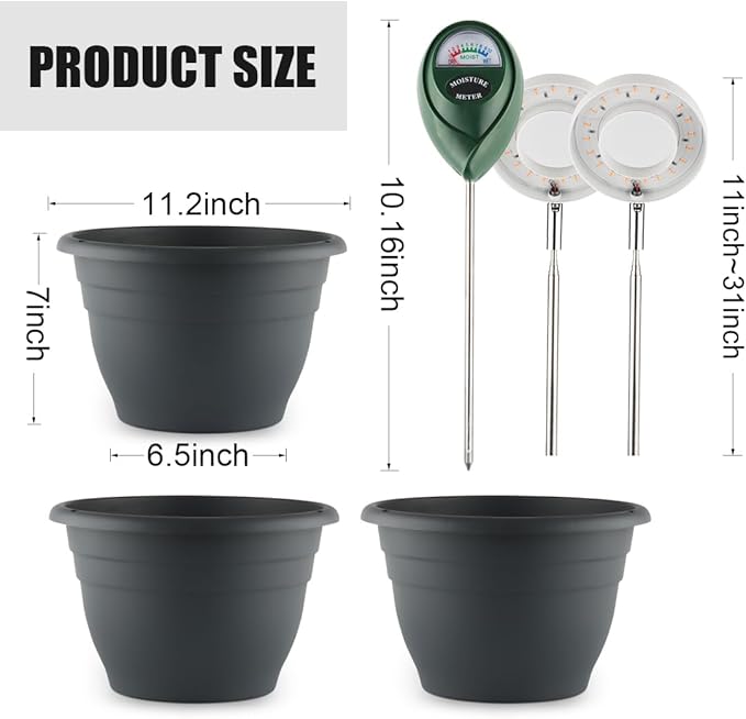 2 Pack 11 Inch Plant Pots with LED Grow LightsIndoor Flower Pots with Full Spectrum Dimmable LightsDrainage Holes &amp PlugSoil Moisture Meter IncludedModern Planters for Home Office