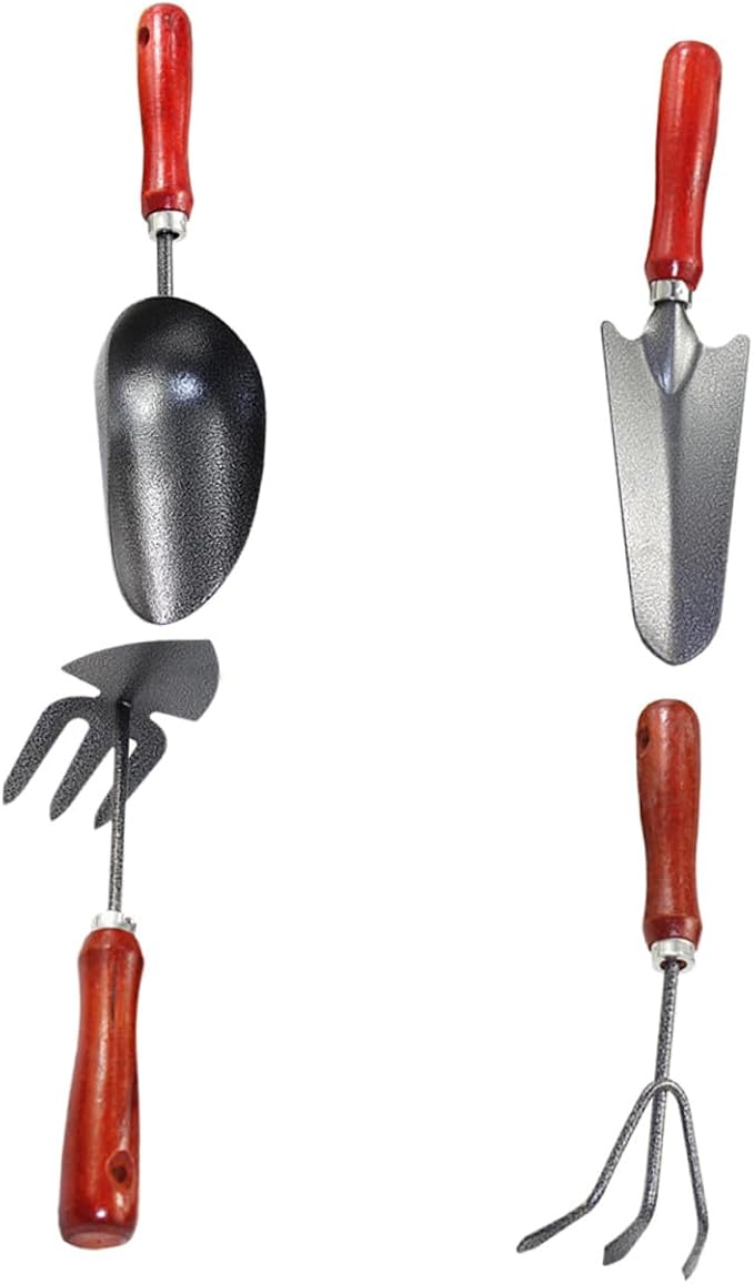 Luxshiny Garden Hand Tools Set 4pcs Small Metal Shovels for Digging and Weeding with Extended Narrow Spade Three-Claw Rake Dual-use Hoe and Soil Scoop for Indoor and Outdoor Gardening